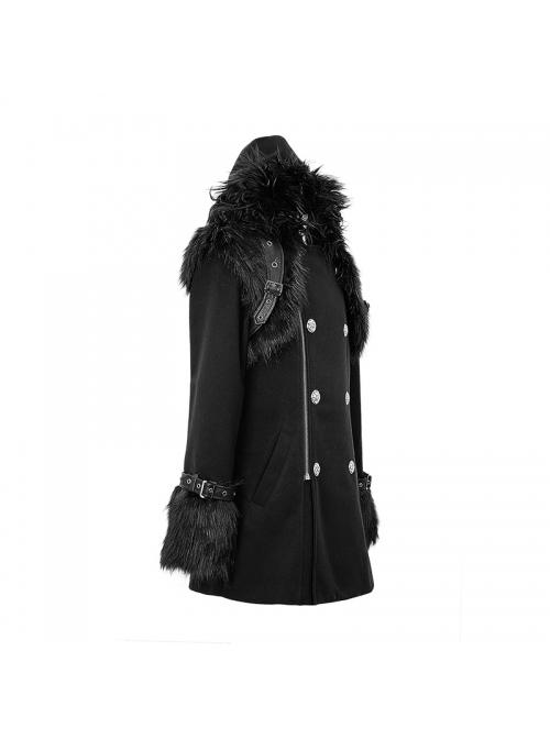 Fur Collar Shoulder Leather Hasp Front Metal Button Black Punk Double-Sided Wool Coat