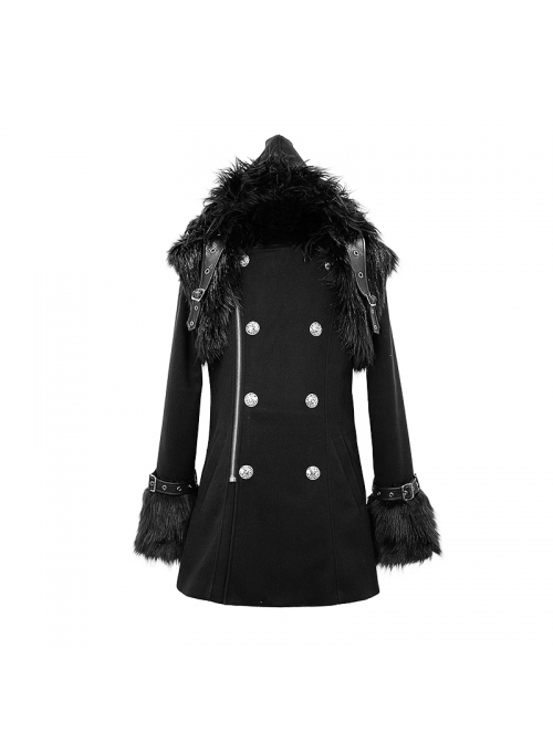 Fur Collar Shoulder Leather Hasp Front Metal Button Black Punk Double-Sided Wool Coat