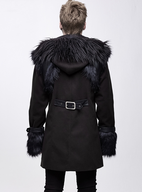 Fur Collar Shoulder Leather Hasp Front Metal Button Black Punk Double-Sided Wool Coat