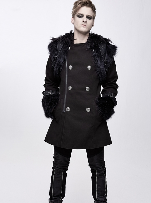 Fur Collar Shoulder Leather Hasp Front Metal Button Black Punk Double-Sided Wool Coat