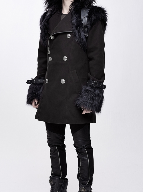 Fur Collar Shoulder Leather Hasp Front Metal Button Black Punk Double-Sided Wool Coat
