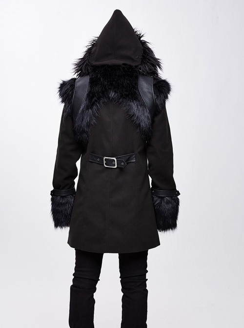 Fur Collar Shoulder Leather Hasp Front Metal Button Black Punk Double-Sided Wool Coat