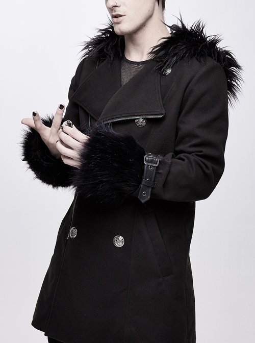 Fur Collar Shoulder Leather Hasp Front Metal Button Black Punk Double-Sided Wool Coat