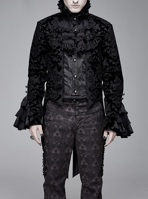 Men High Collar Front Chest Lace Frill Metal Retro Button Flare Cuff Black Gothic Jacquard Velvet Coat