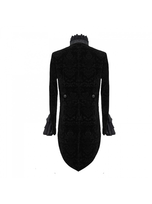 Men High Collar Front Chest Lace Frill Metal Retro Button Flare Cuff Black Gothic Jacquard Velvet Coat