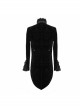 Men High Collar Front Chest Lace Frill Metal Retro Button Flare Cuff Black Gothic Jacquard Velvet Coat