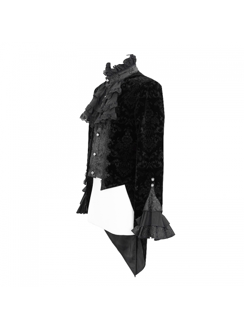 Men High Collar Front Chest Lace Frill Metal Retro Button Flare Cuff Black Gothic Jacquard Velvet Coat