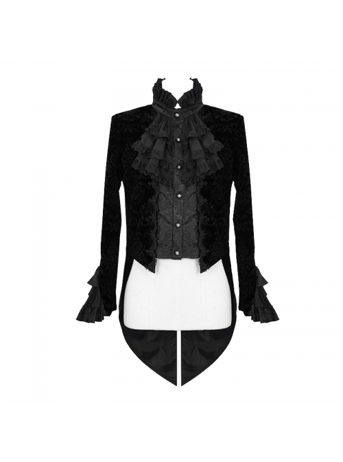 Men High Collar Front Chest Lace Frill Metal Retro Button Flare Cuff Black Gothic Jacquard Velvet Coat