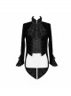 Men High Collar Front Chest Lace Frill Metal Retro Button Flare Cuff Black Gothic Jacquard Velvet Coat