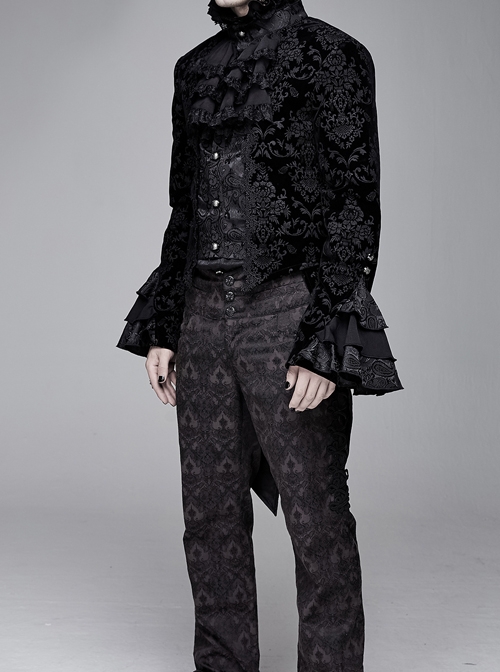 Men High Collar Front Chest Lace Frill Metal Retro Button Flare Cuff Black Gothic Jacquard Velvet Coat
