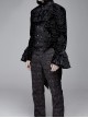 Men High Collar Front Chest Lace Frill Metal Retro Button Flare Cuff Black Gothic Jacquard Velvet Coat