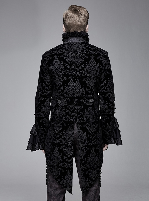 Men High Collar Front Chest Lace Frill Metal Retro Button Flare Cuff Black Gothic Jacquard Velvet Coat