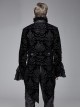 Men High Collar Front Chest Lace Frill Metal Retro Button Flare Cuff Black Gothic Jacquard Velvet Coat