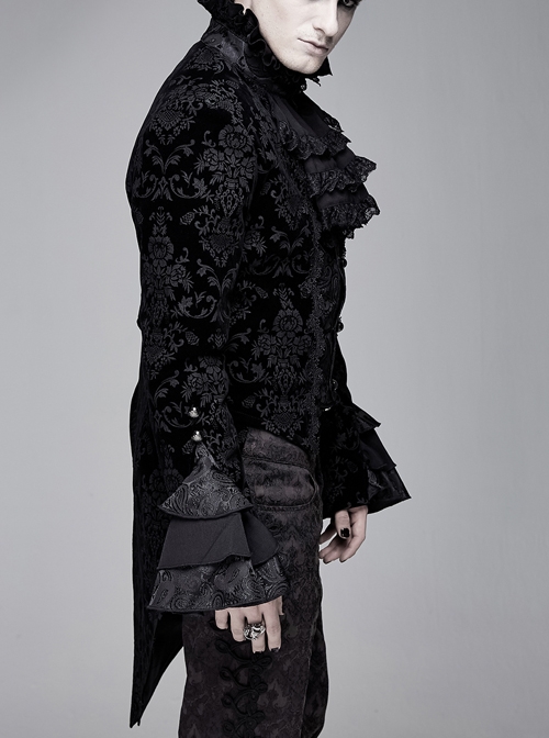 Men High Collar Front Chest Lace Frill Metal Retro Button Flare Cuff Black Gothic Jacquard Velvet Coat