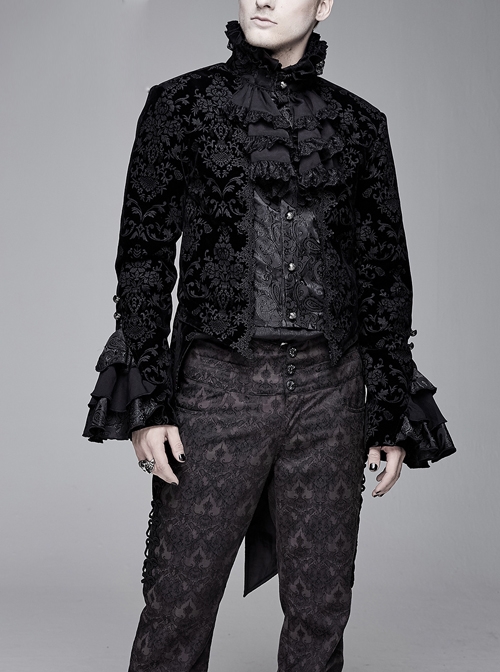 Men High Collar Front Chest Lace Frill Metal Retro Button Flare Cuff Black Gothic Jacquard Velvet Coat