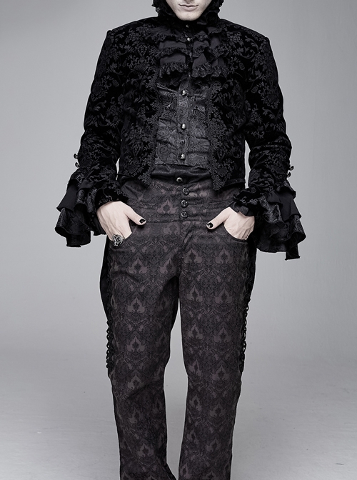 Men High Collar Front Chest Lace Frill Metal Retro Button Flare Cuff Black Gothic Jacquard Velvet Coat