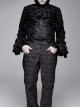 Men High Collar Front Chest Lace Frill Metal Retro Button Flare Cuff Black Gothic Jacquard Velvet Coat