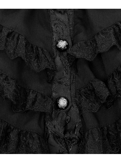 Men High Collar Front Chest Lace Frill Metal Retro Button Flare Cuff Black Gothic Jacquard Velvet Coat