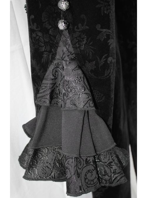 Men High Collar Front Chest Lace Frill Metal Retro Button Flare Cuff Black Gothic Jacquard Velvet Coat