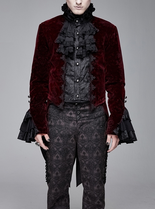 Men High Collar Front Chest Lace Frill Metal Retro Button Flare Cuff Wine Red Gothic Jacquard Velvet Coat