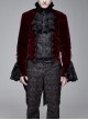 Men High Collar Front Chest Lace Frill Metal Retro Button Flare Cuff Wine Red Gothic Jacquard Velvet Coat