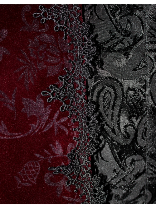 Men High Collar Front Chest Lace Frill Metal Retro Button Flare Cuff Wine Red Gothic Jacquard Velvet Coat