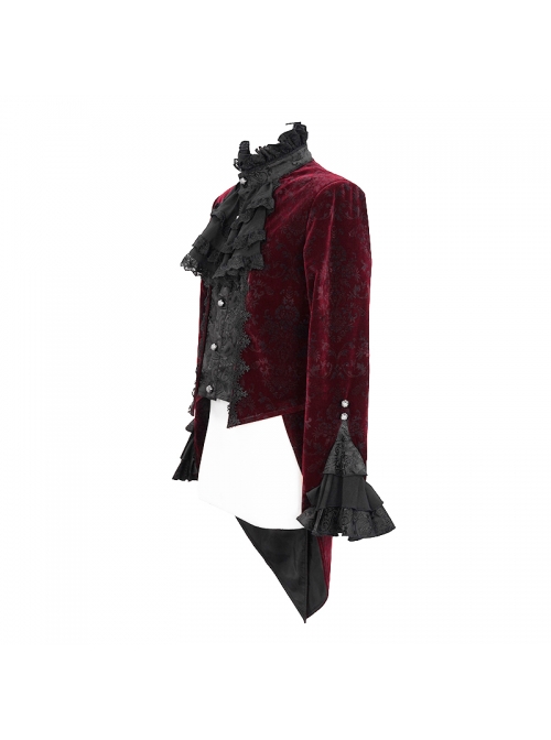 Men High Collar Front Chest Lace Frill Metal Retro Button Flare Cuff Wine Red Gothic Jacquard Velvet Coat