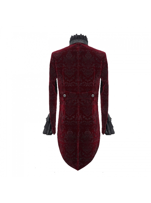Men High Collar Front Chest Lace Frill Metal Retro Button Flare Cuff Wine Red Gothic Jacquard Velvet Coat