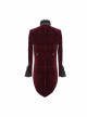 Men High Collar Front Chest Lace Frill Metal Retro Button Flare Cuff Wine Red Gothic Jacquard Velvet Coat