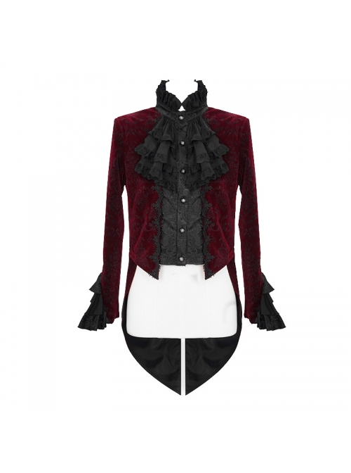 Men High Collar Front Chest Lace Frill Metal Retro Button Flare Cuff Wine Red Gothic Jacquard Velvet Coat