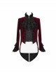 Men High Collar Front Chest Lace Frill Metal Retro Button Flare Cuff Wine Red Gothic Jacquard Velvet Coat
