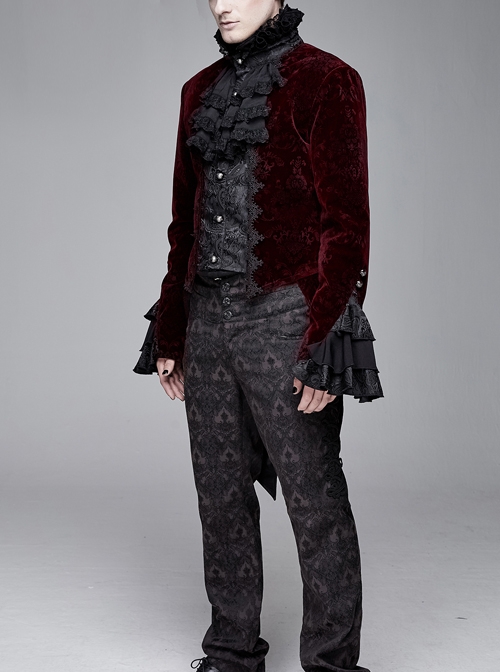 Men High Collar Front Chest Lace Frill Metal Retro Button Flare Cuff Wine Red Gothic Jacquard Velvet Coat