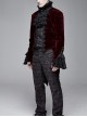 Men High Collar Front Chest Lace Frill Metal Retro Button Flare Cuff Wine Red Gothic Jacquard Velvet Coat