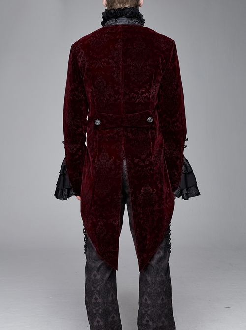 Men High Collar Front Chest Lace Frill Metal Retro Button Flare Cuff Wine Red Gothic Jacquard Velvet Coat