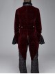 Men High Collar Front Chest Lace Frill Metal Retro Button Flare Cuff Wine Red Gothic Jacquard Velvet Coat