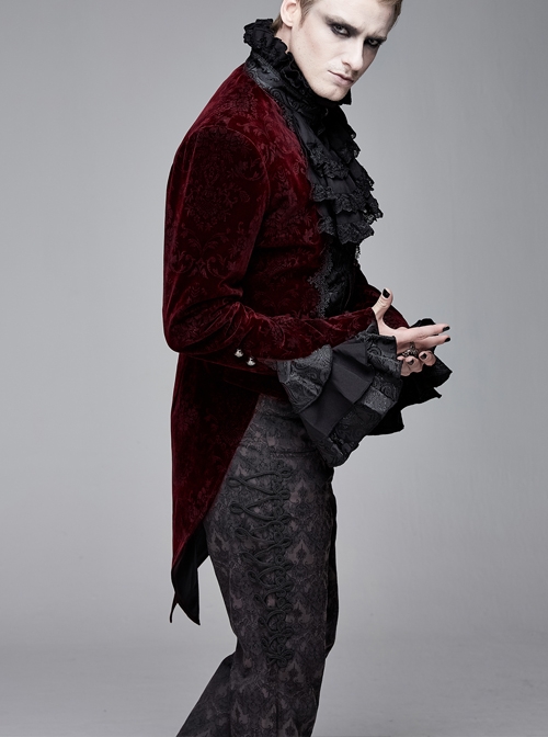 Men High Collar Front Chest Lace Frill Metal Retro Button Flare Cuff Wine Red Gothic Jacquard Velvet Coat