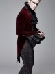 Men High Collar Front Chest Lace Frill Metal Retro Button Flare Cuff Wine Red Gothic Jacquard Velvet Coat