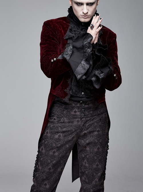 Men High Collar Front Chest Lace Frill Metal Retro Button Flare Cuff Wine Red Gothic Jacquard Velvet Coat