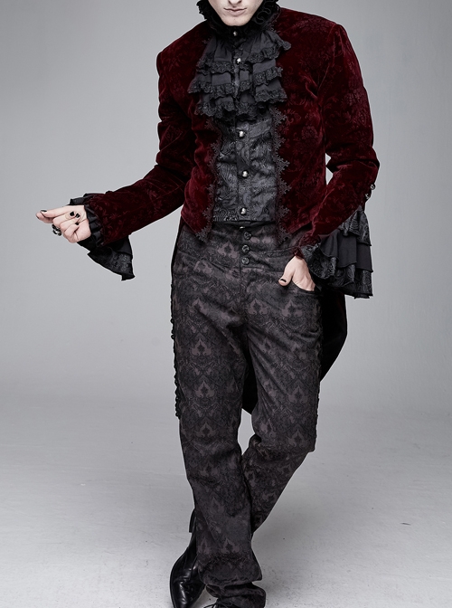 Men High Collar Front Chest Lace Frill Metal Retro Button Flare Cuff Wine Red Gothic Jacquard Velvet Coat
