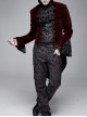 Men High Collar Front Chest Lace Frill Metal Retro Button Flare Cuff Wine Red Gothic Jacquard Velvet Coat