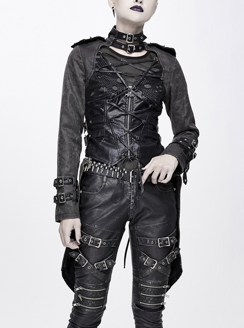 Metal Hasp High Collar Front Chest Splice Broken Holes Mesh Lace-Up Black Punk Coat