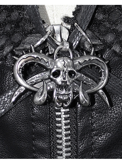 Metal Hasp High Collar Front Chest Splice Broken Holes Mesh Lace-Up Black Punk Coat