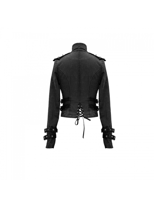 Metal Hasp High Collar Front Chest Splice Broken Holes Mesh Lace-Up Black Punk Coat