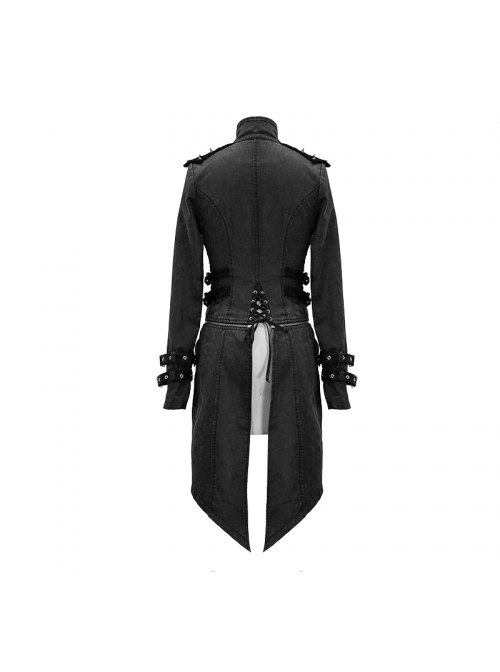 Metal Hasp High Collar Front Chest Splice Broken Holes Mesh Lace-Up Black Punk Coat