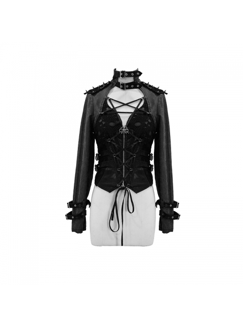 Metal Hasp High Collar Front Chest Splice Broken Holes Mesh Lace-Up Black Punk Coat
