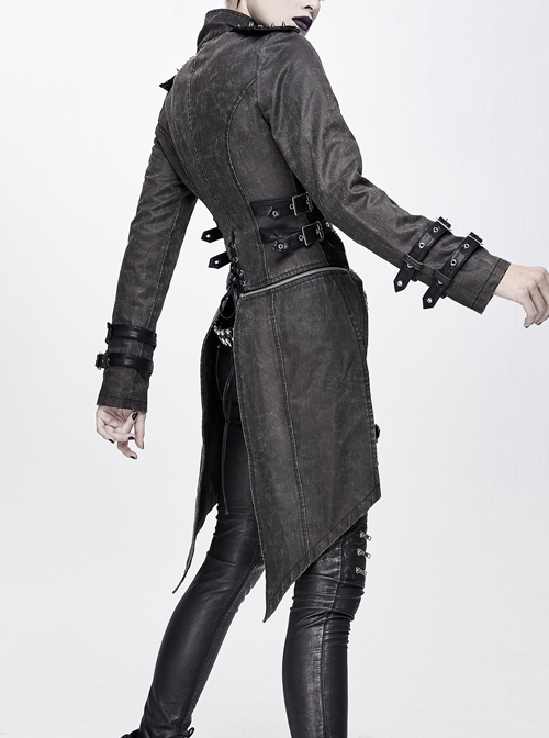 Metal Hasp High Collar Front Chest Splice Broken Holes Mesh Lace-Up Black Punk Coat