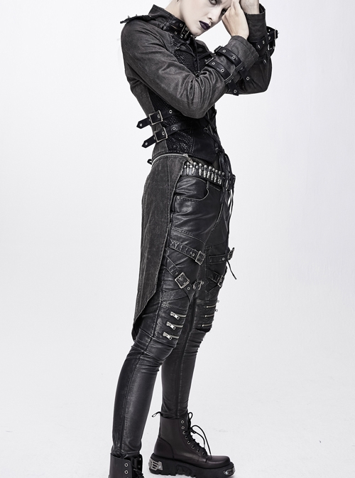 Metal Hasp High Collar Front Chest Splice Broken Holes Mesh Lace-Up Black Punk Coat