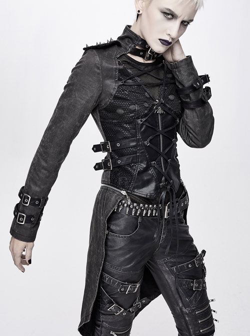 Metal Hasp High Collar Front Chest Splice Broken Holes Mesh Lace-Up Black Punk Coat