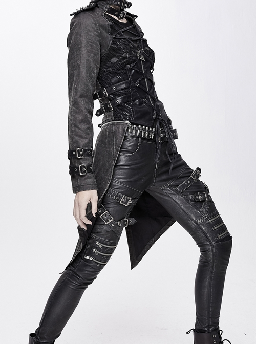 Metal Hasp High Collar Front Chest Splice Broken Holes Mesh Lace-Up Black Punk Coat