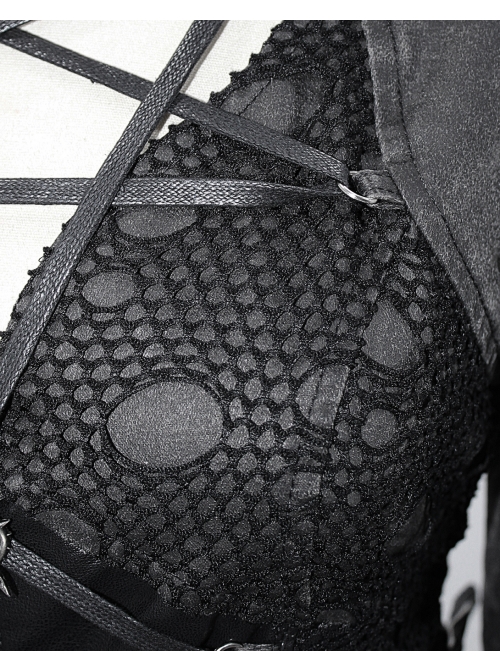 Metal Hasp High Collar Front Chest Splice Broken Holes Mesh Lace-Up Black Punk Coat